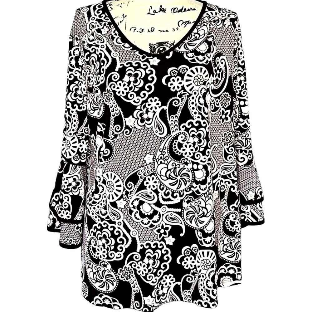Est. 1946 Womens Large Plum Purple Paisley V-Neck 3/4 Bell Sleeve Tunic Top